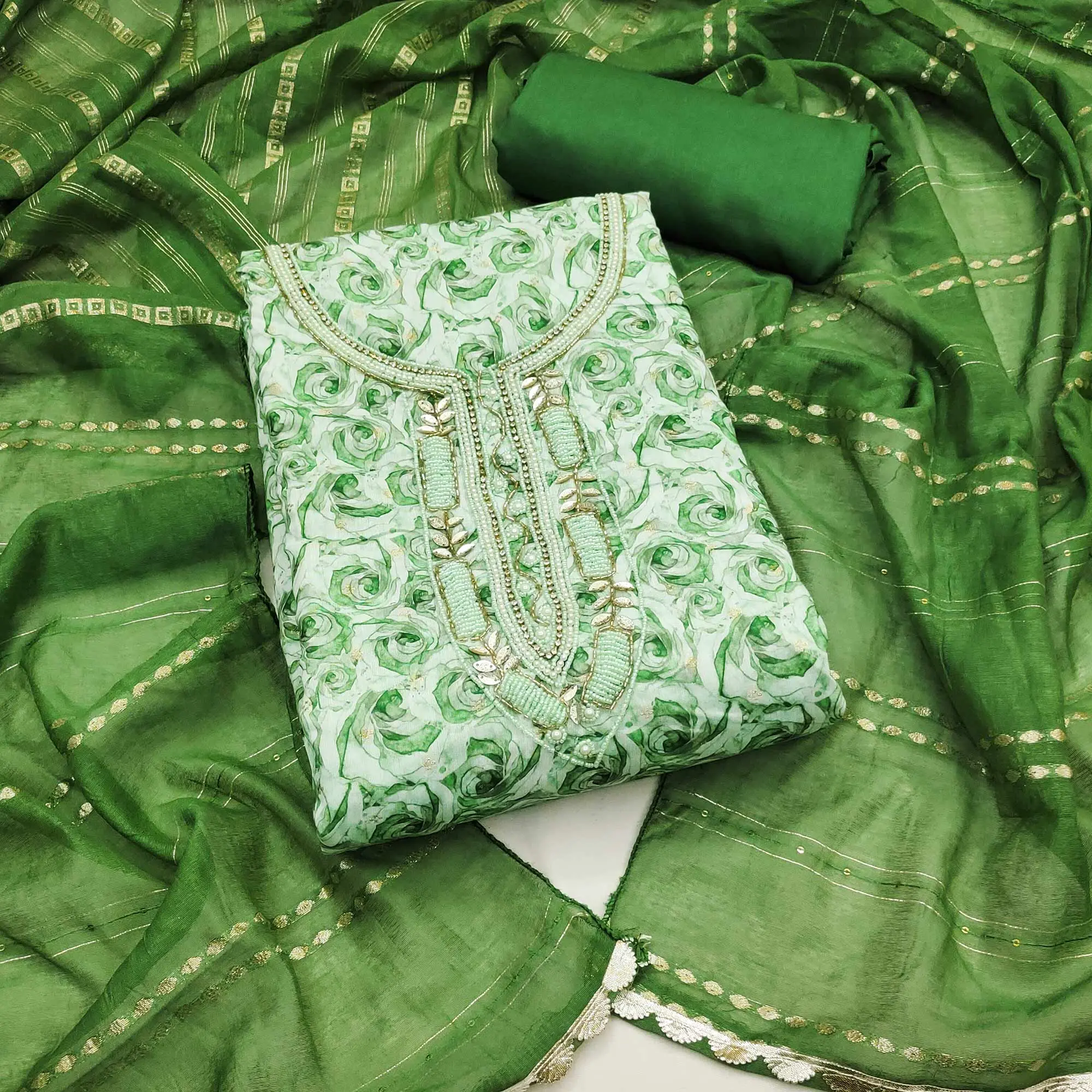 Green Digital Printed With Hand Embroidered Muslin Dress Material