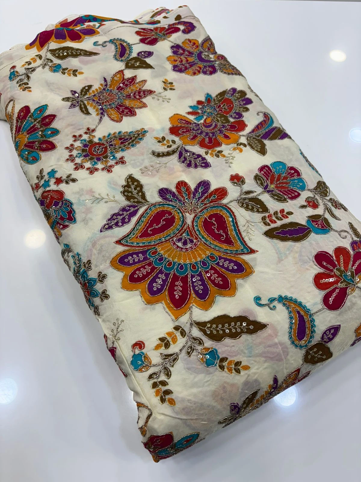 Off White Crape Kalamkari Fabric