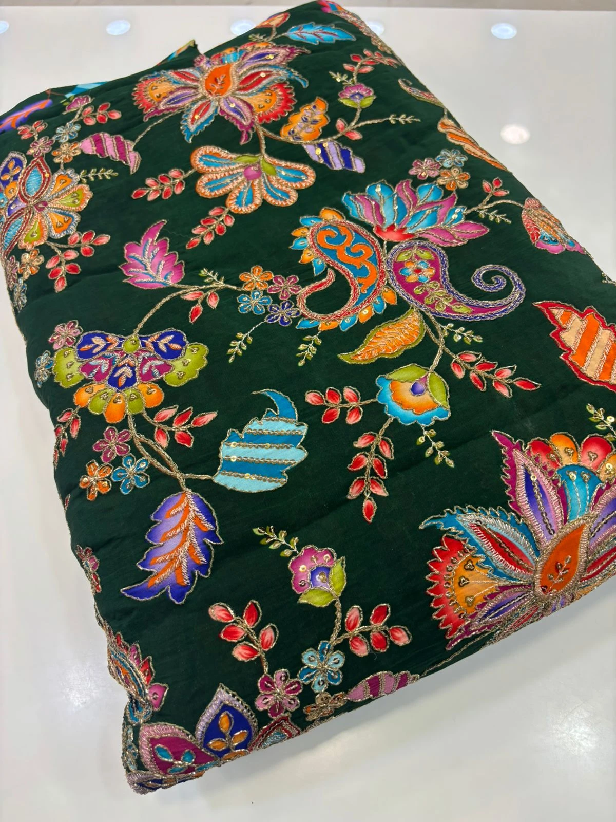 Bottle Green Crape Kalamkari Fabric