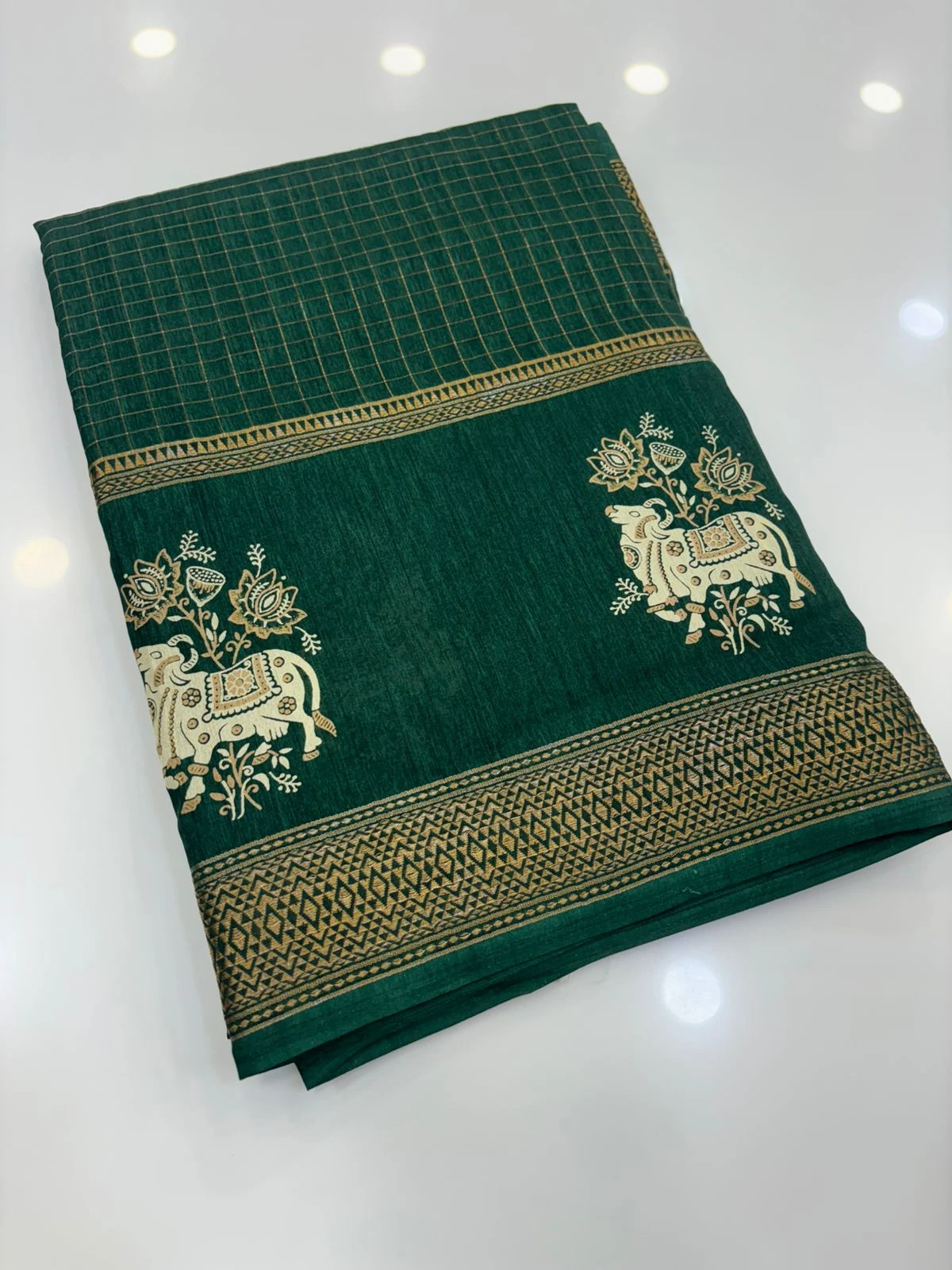 Bottle green Dola Silk Checks Pichwai Print