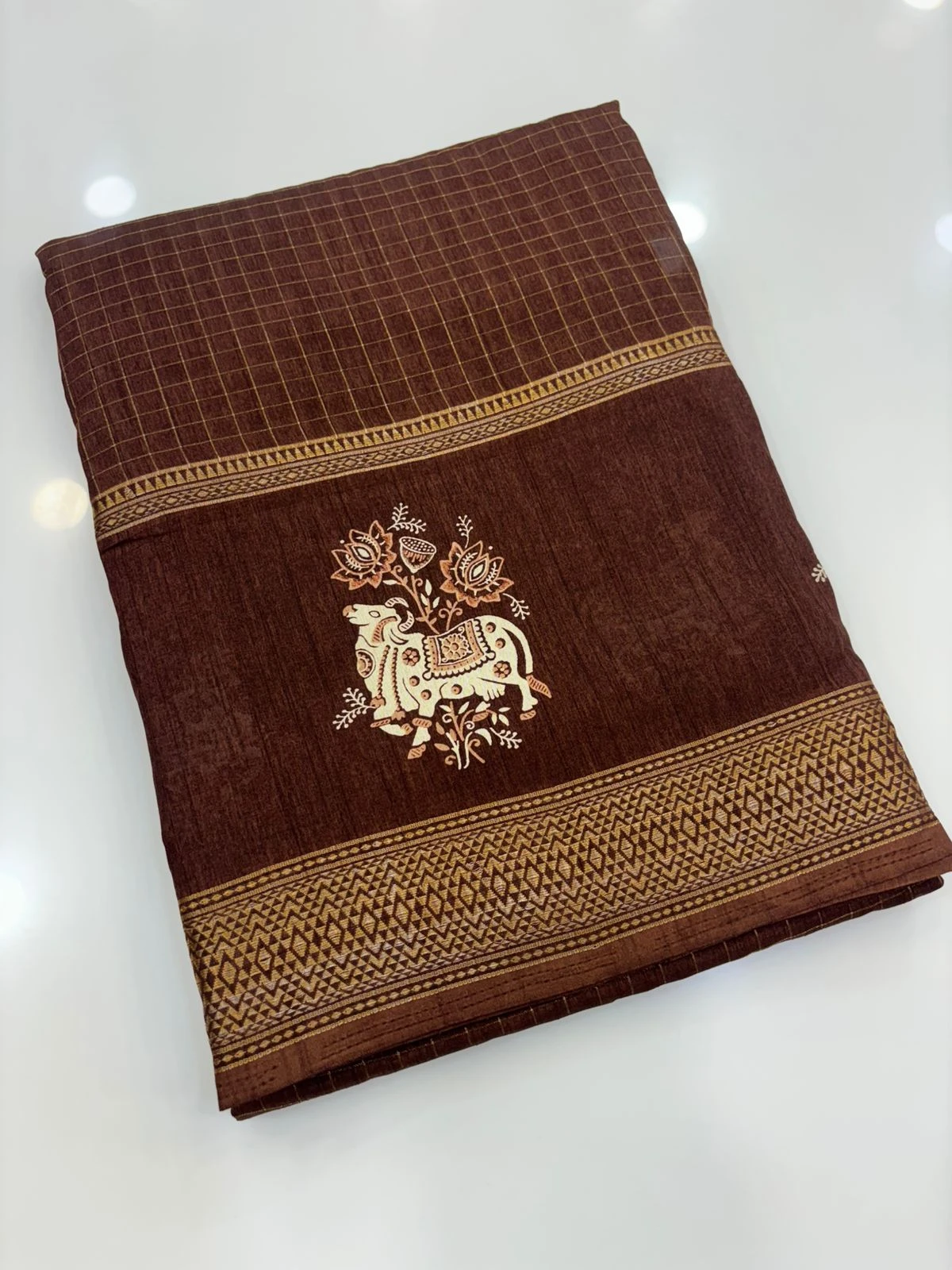 Brown Dola Silk Checks Pichwai Print