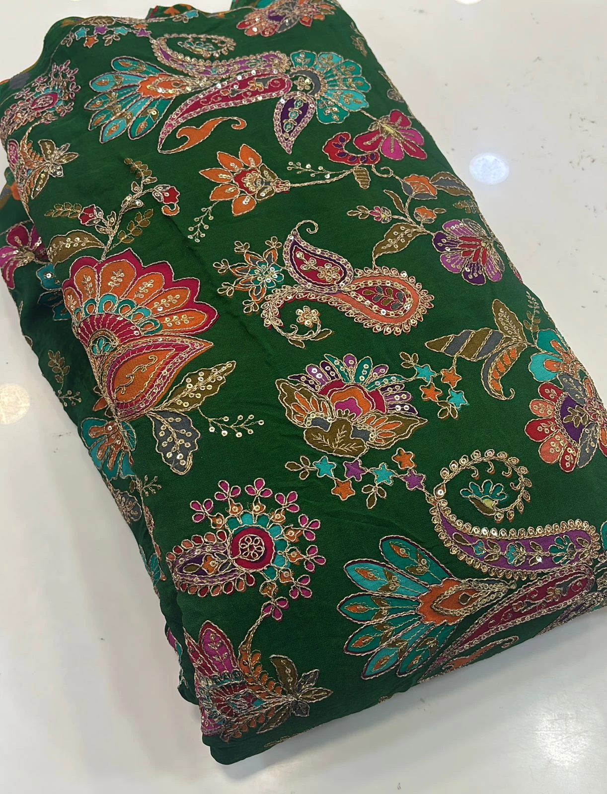 Green Crape Kalamkari Fabric