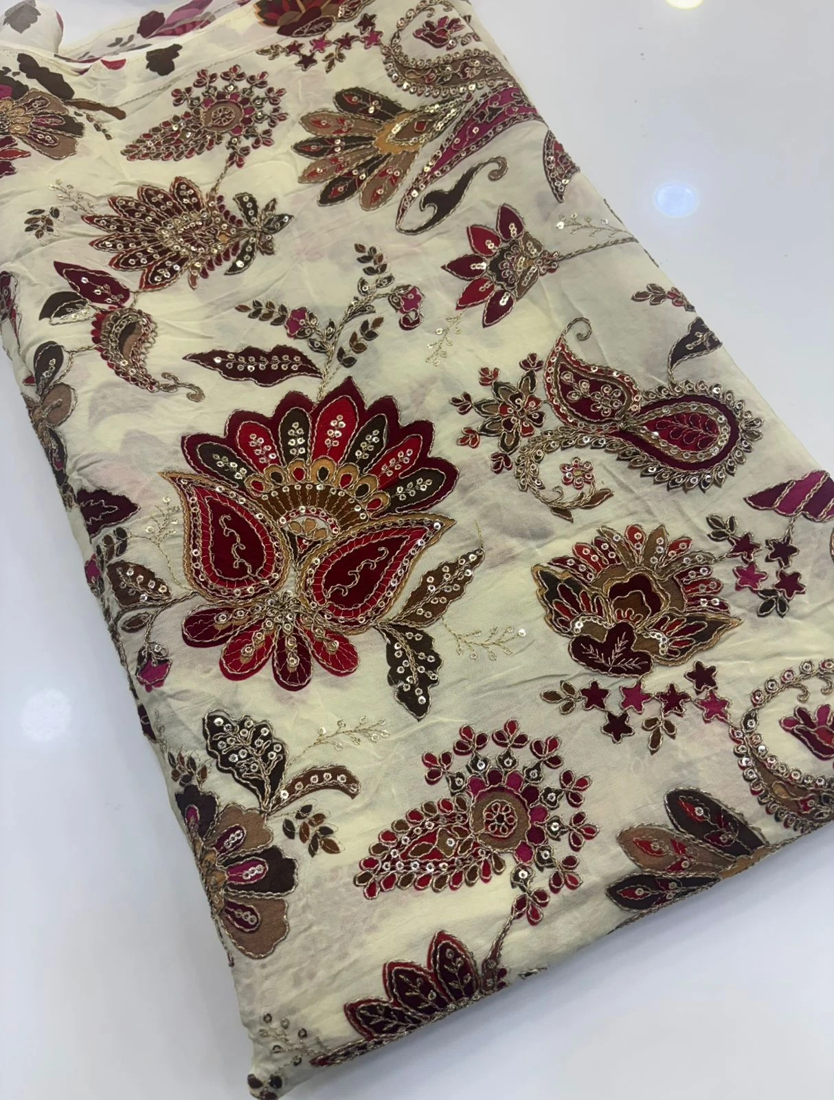 Half White Maroon Floral Crape Kalamkari Fabric