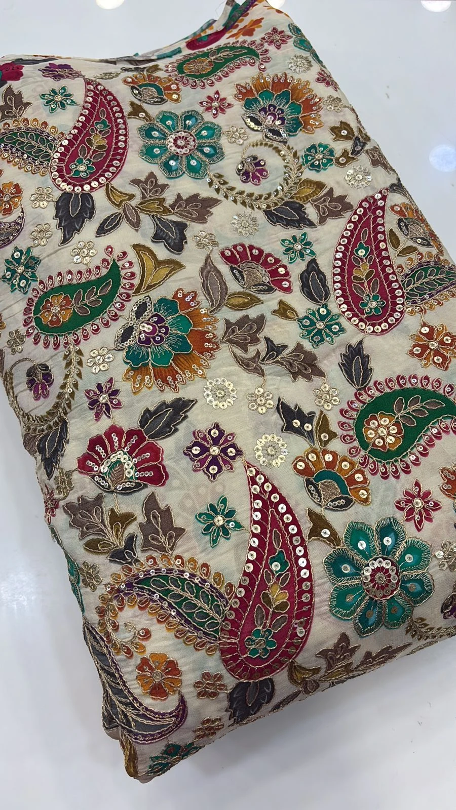 Half White Multi colour Crape Kalamkari Fabric