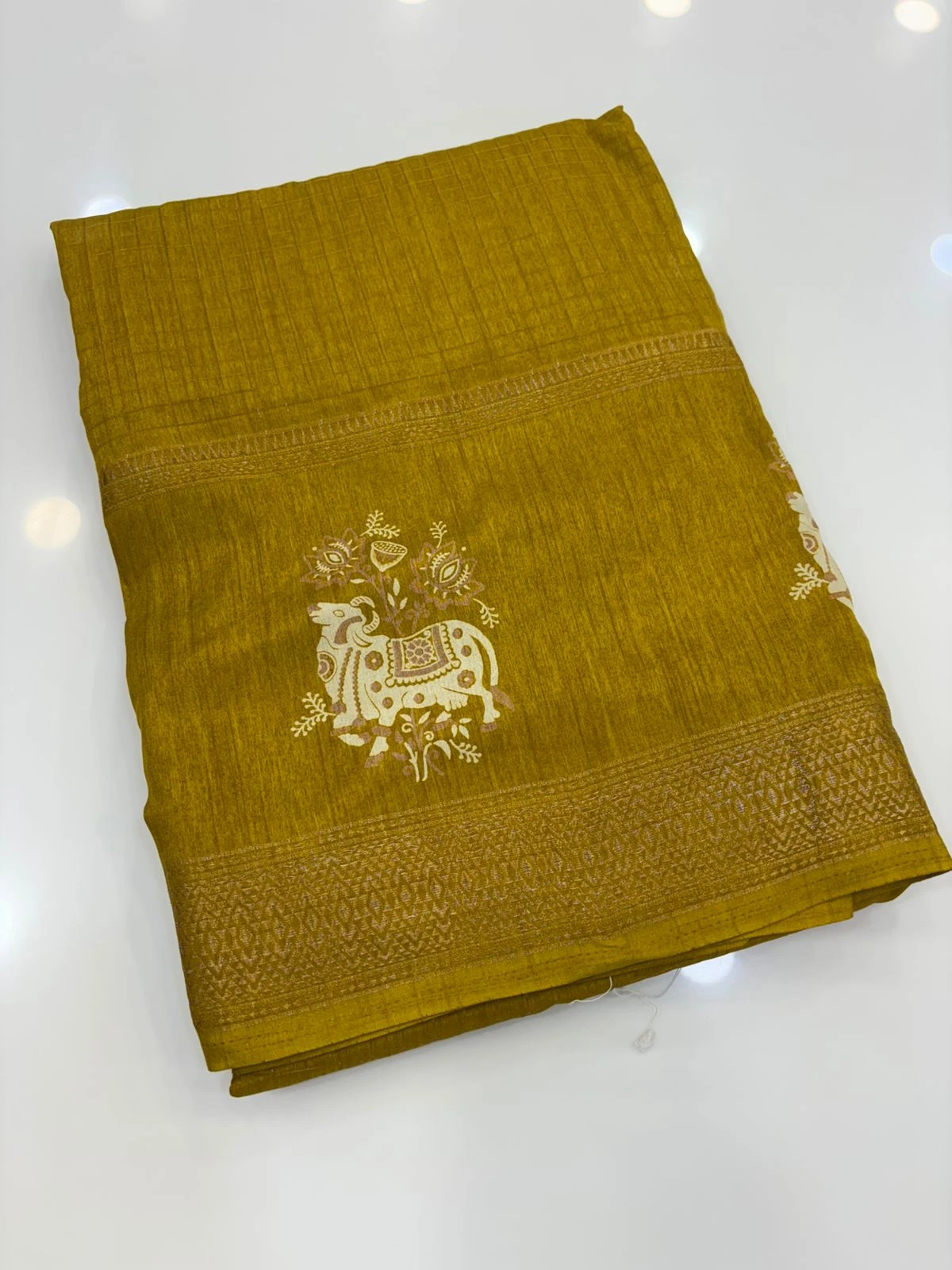 Light Mustard Dola Silk Checks Pichwai Print