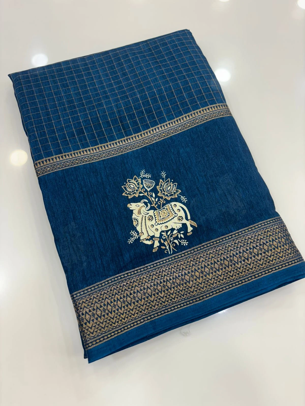 Peacock Blue Dola Silk Checks Pichwai Print