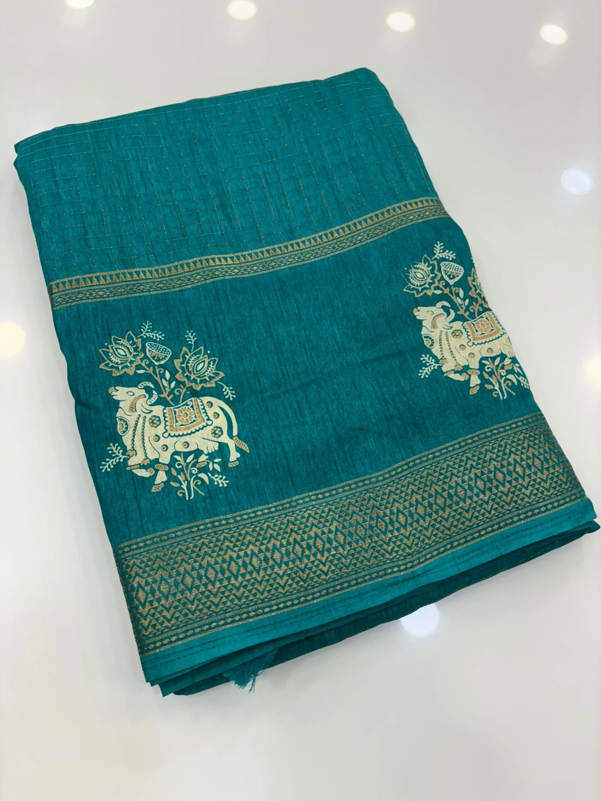Rama Green Dola Silk Checks Pichwai Print