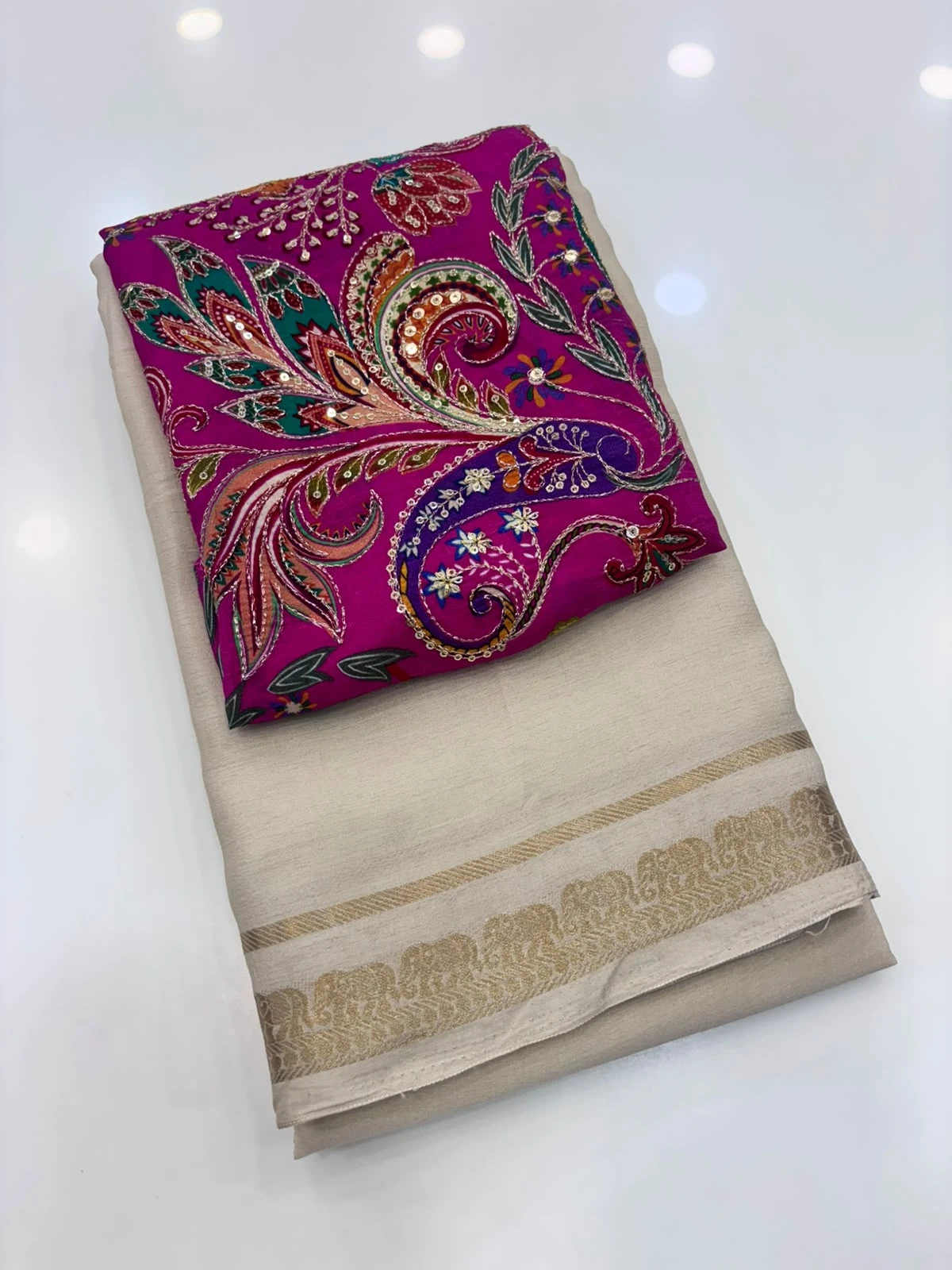 Cream Saree Pink Kalamkari blouse