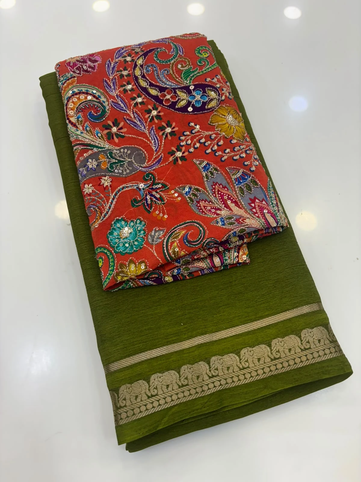 Green Rust Orange Crape Saree Kalamkari blouse