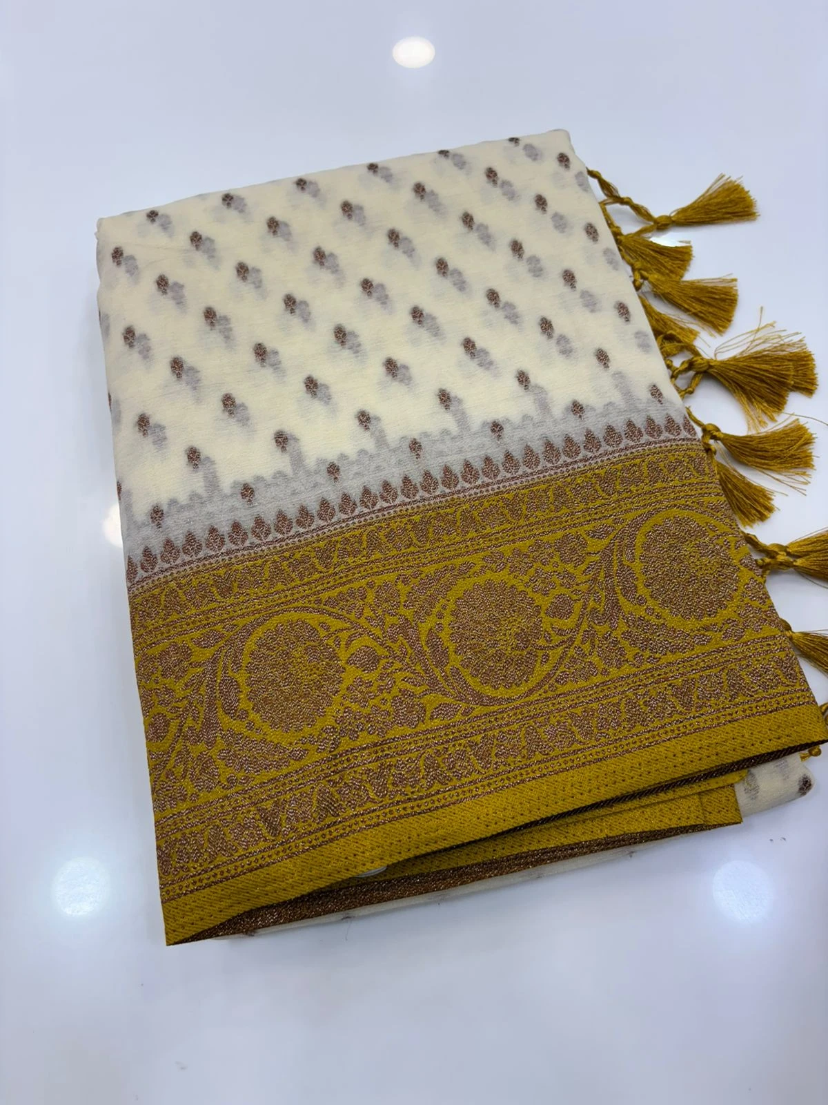 Half White Mustard Banarasi Georgette