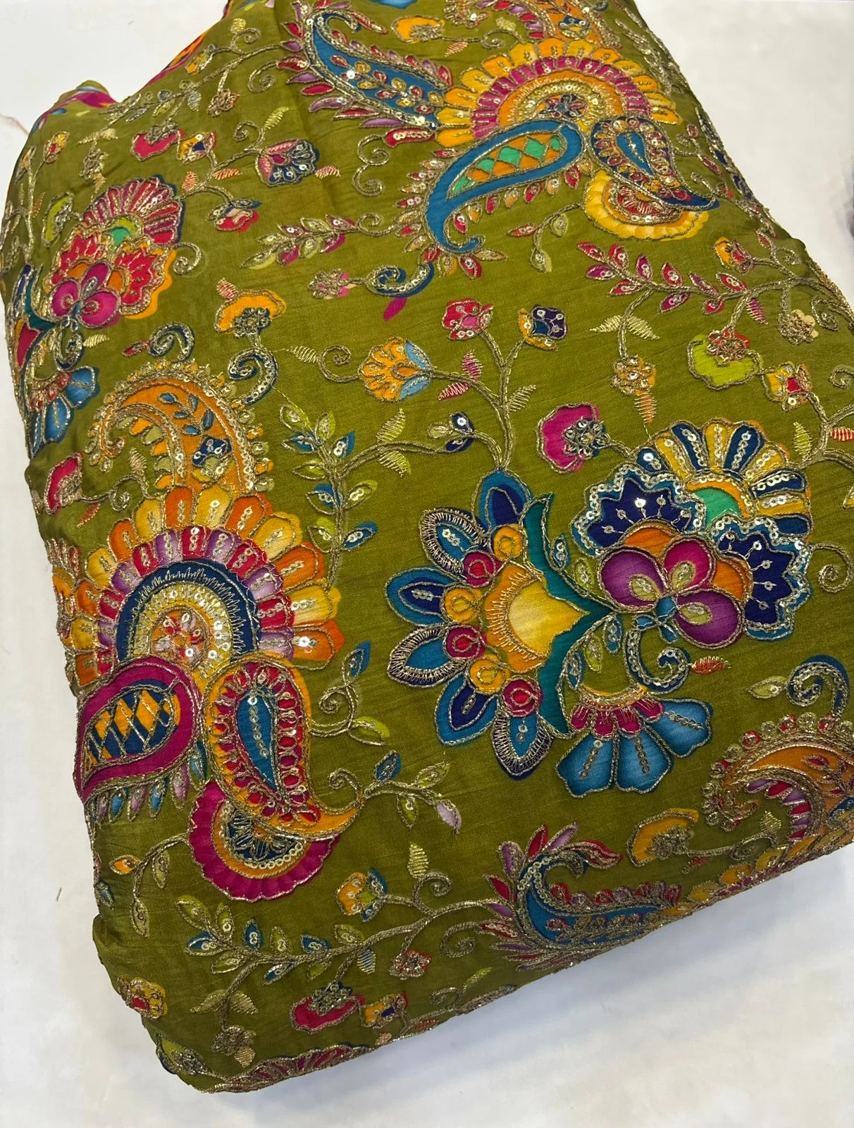 Light Green Crape Kalamkari Fabric