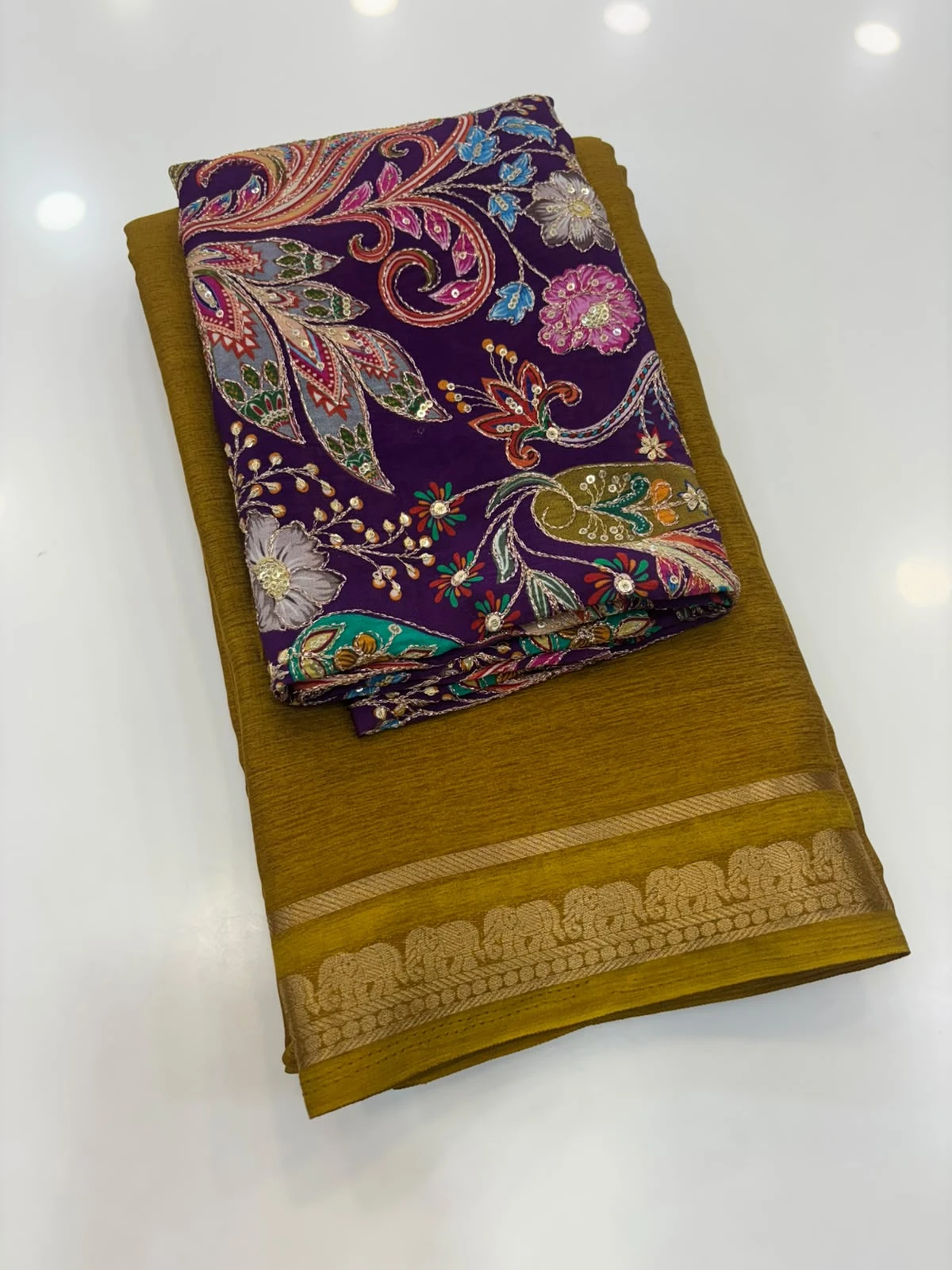 Mustard Saree Purple Kalamkari blouse