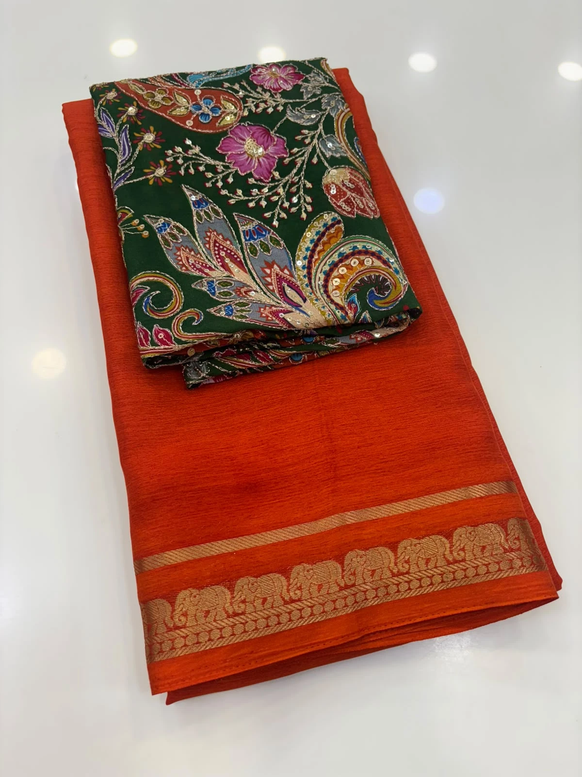 Orange Green Crape Kalamkari blouse