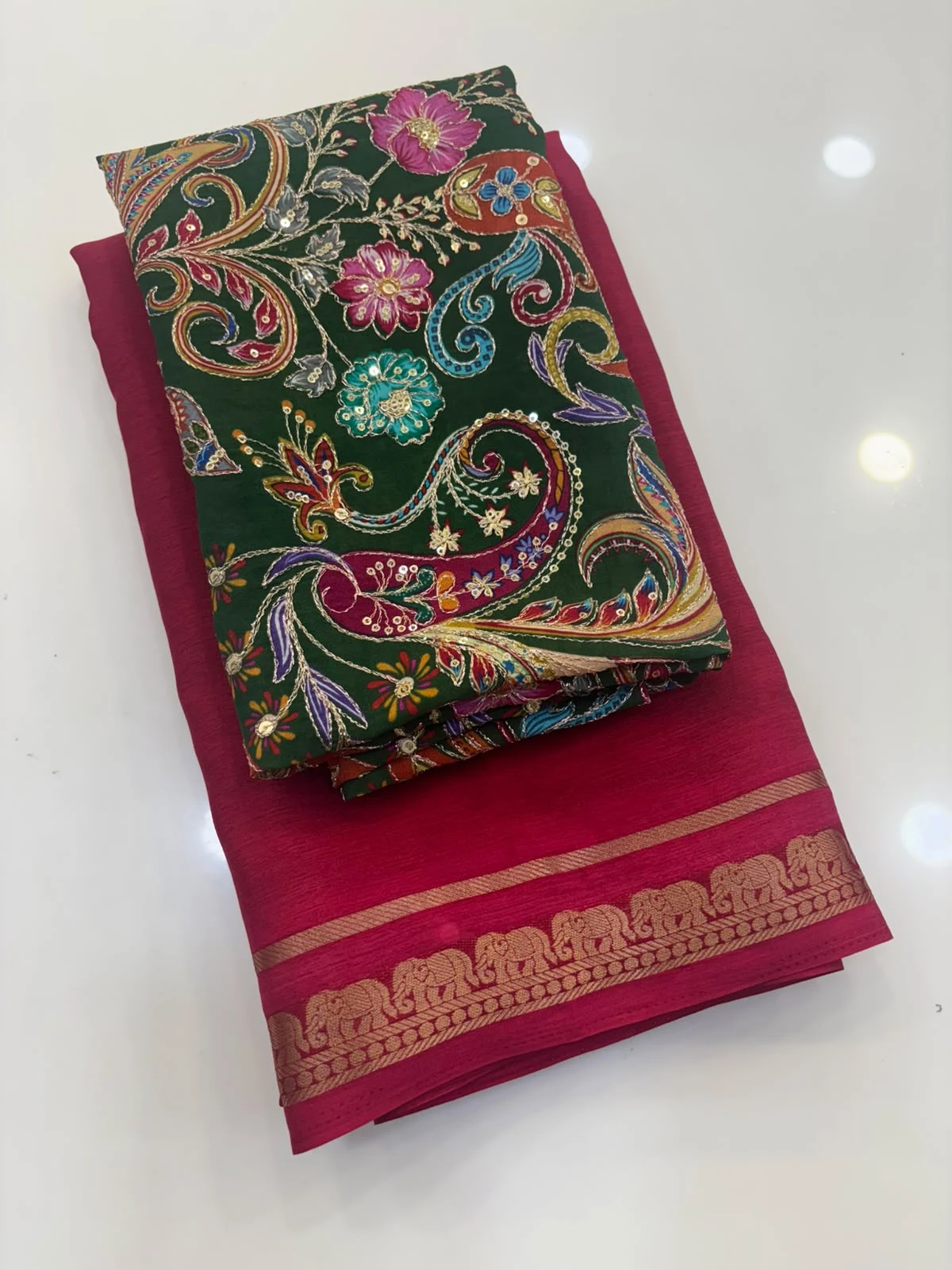 Pink Green Crape Kalamkari blouse