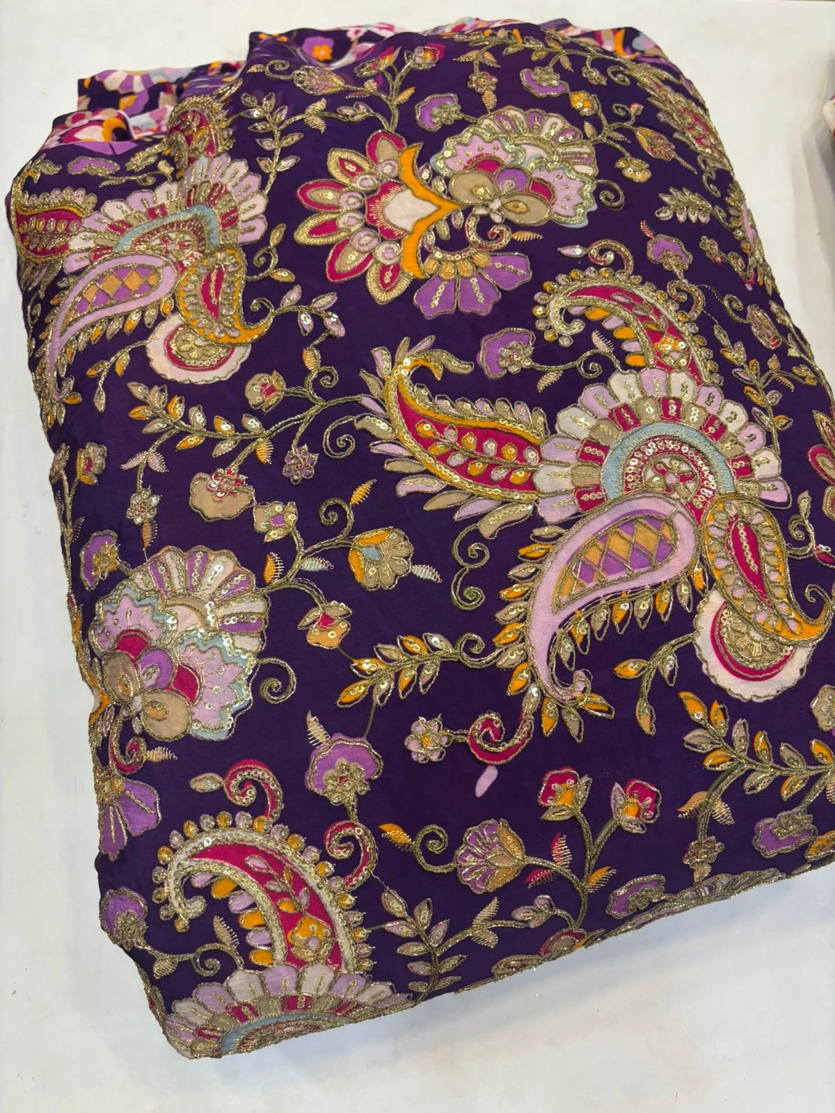 Purple Lavender Crape Kalamkari Fabric