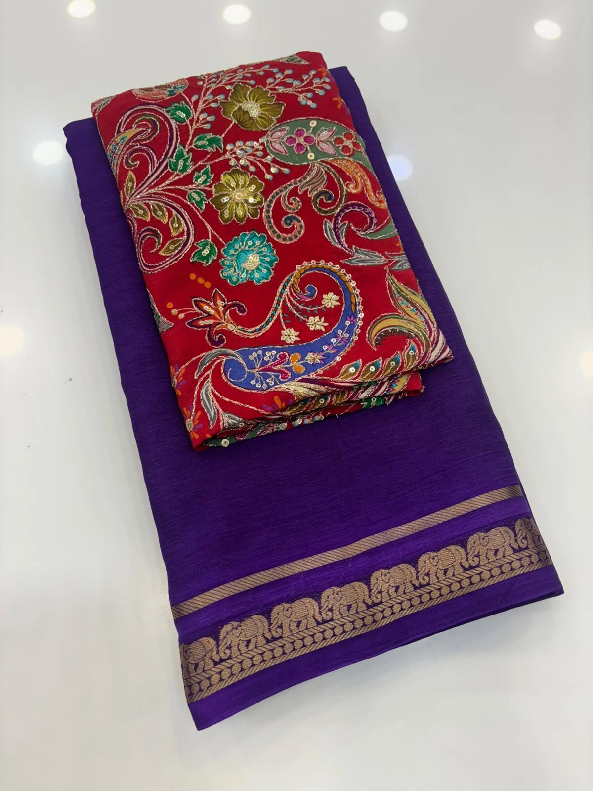 Purple Saree Red Kalamkari blouse