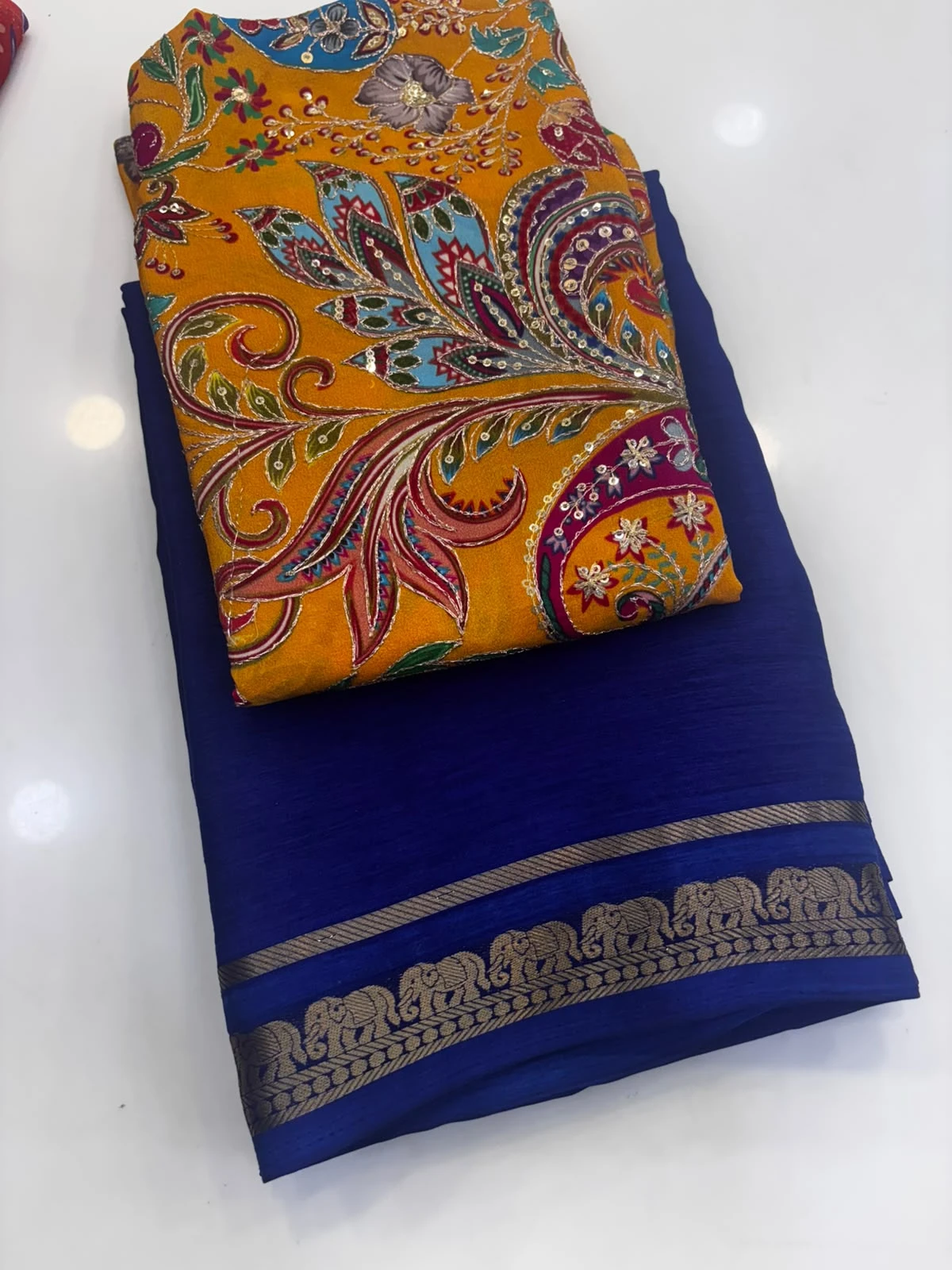 Royal Blue Crape Saree Mustard Kalamkari blouse