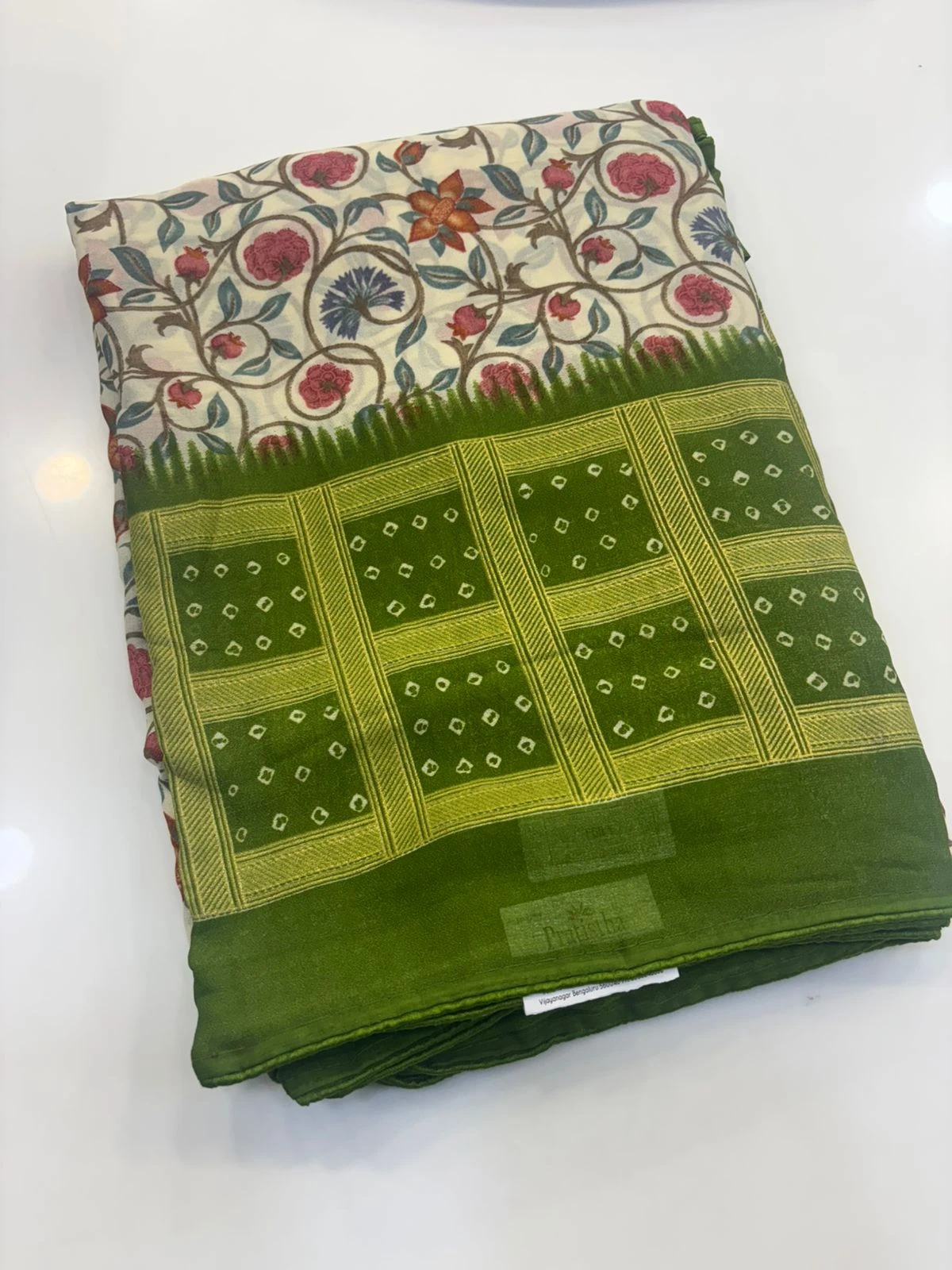 White Green Kalamkari with Bandhani print