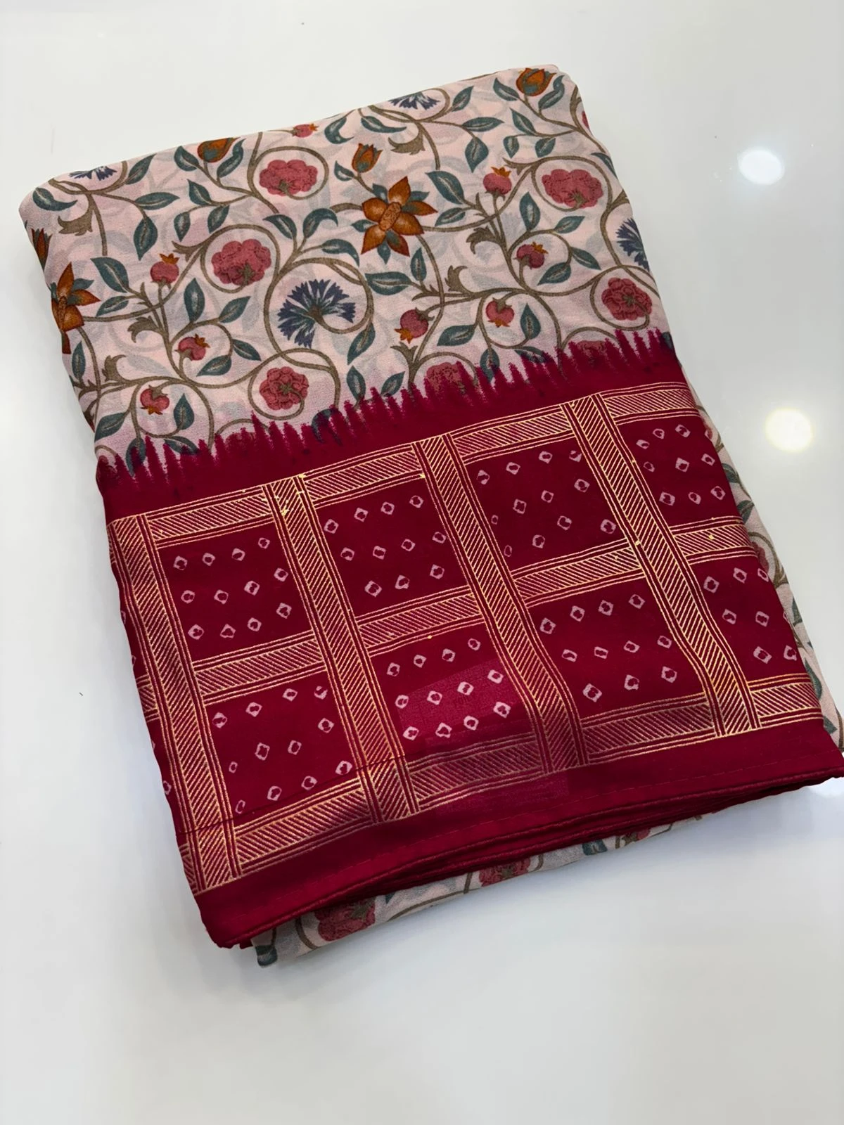 White Pink Kalamkari with Bandhani print