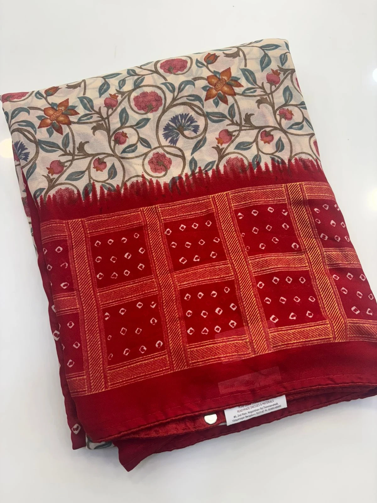 White Red Kalamkari with Bandhani print
