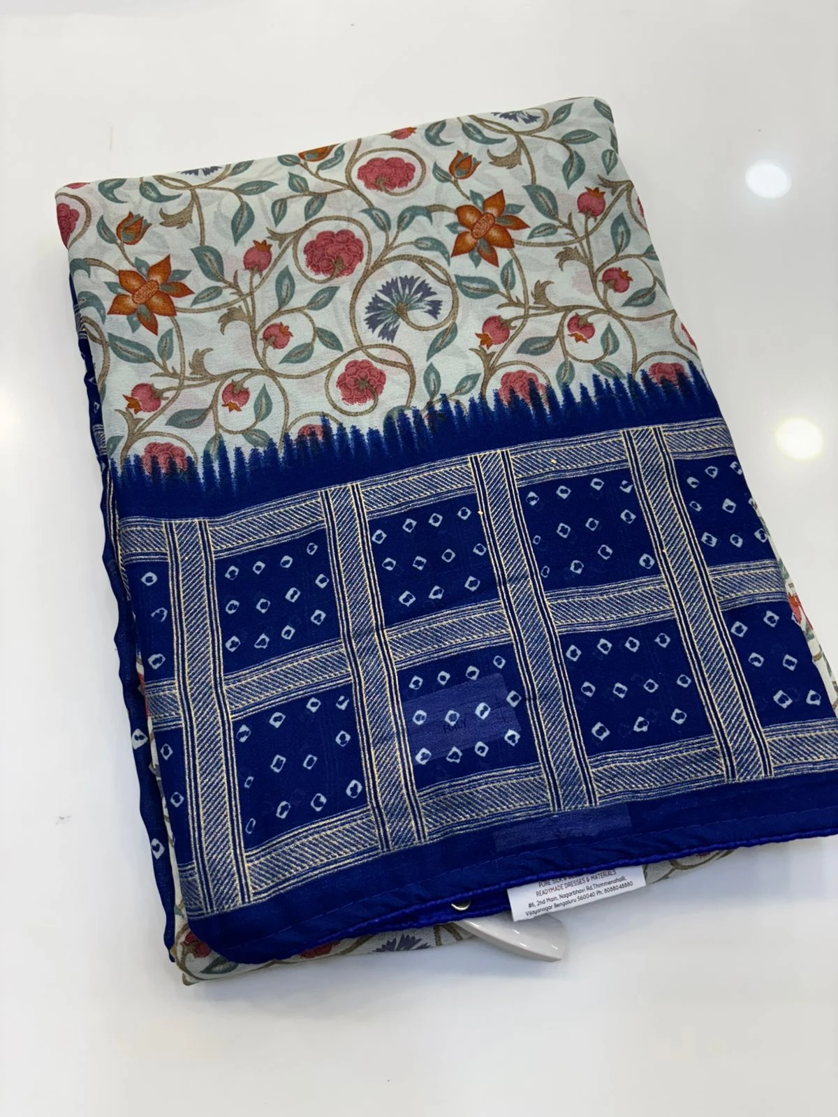 White Royal Blue Kalamkari with Bandhani print
