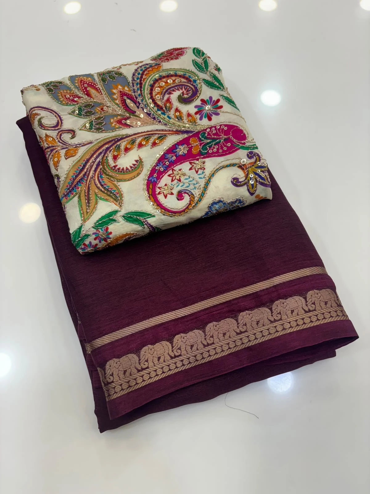 Wine Crape Saree Half White Kalamkari blouse