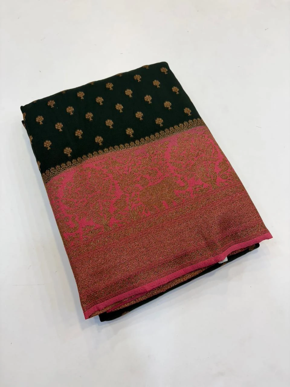 Bottle Green Pink Banarasi Khaddi Georgette