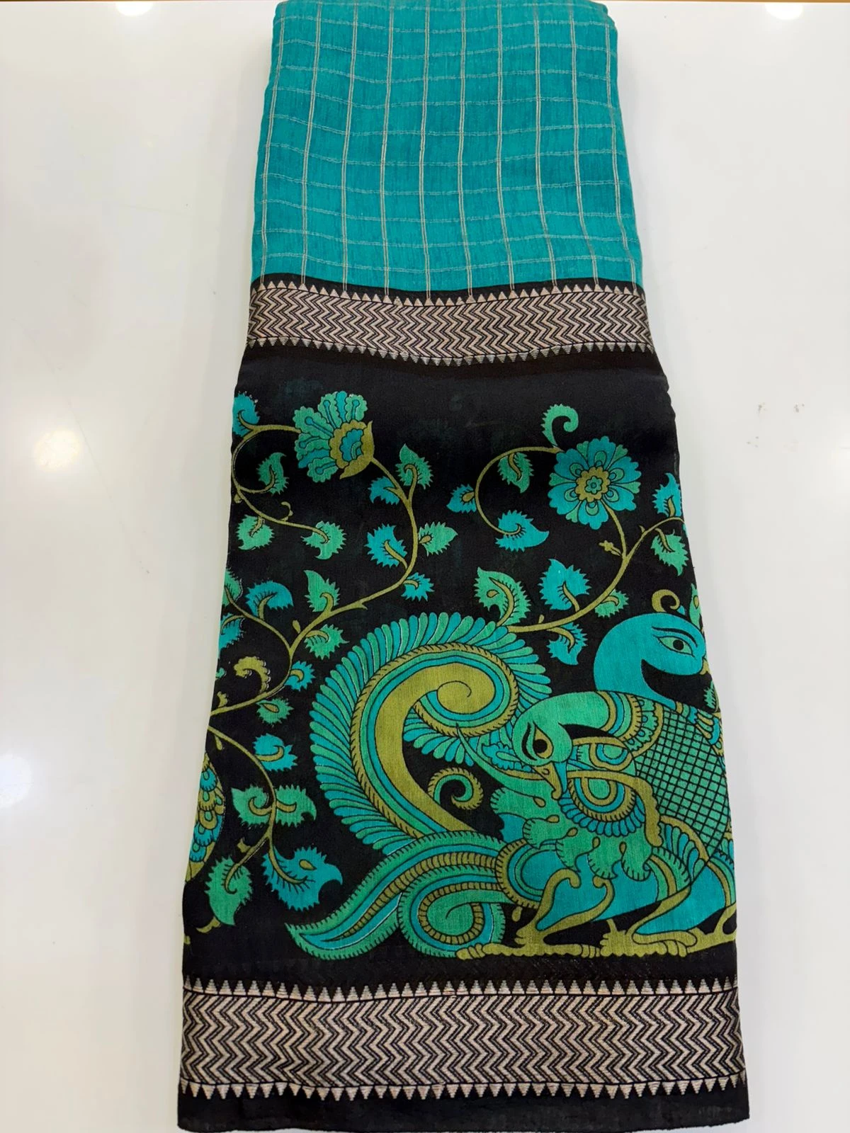 Teal Blue Double Peacock Kalamkari Print