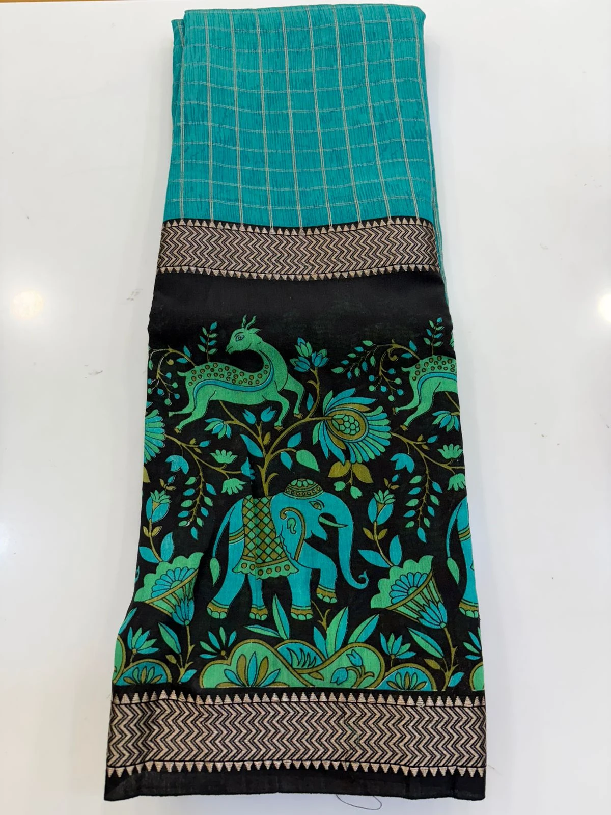Teal Blue Elephant Kalamkari Print