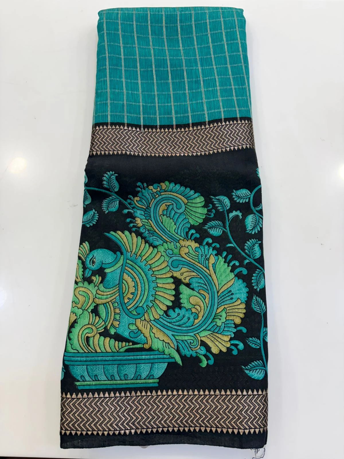 Teal Blue Peacock Kalamkari Print