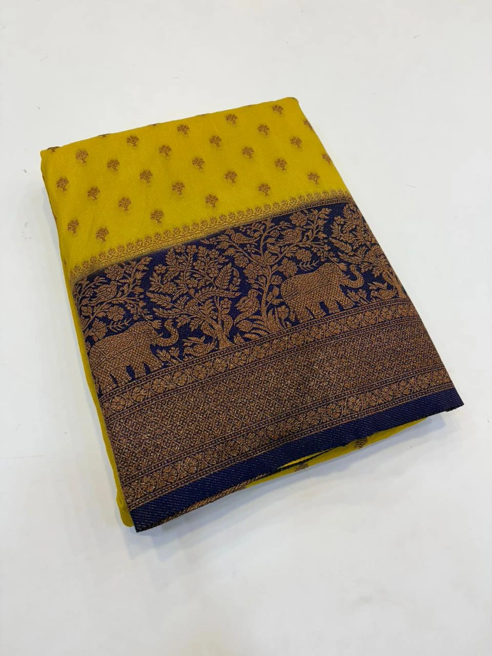 Yellow Navy Blue Banarasi Khaddi Georgette
